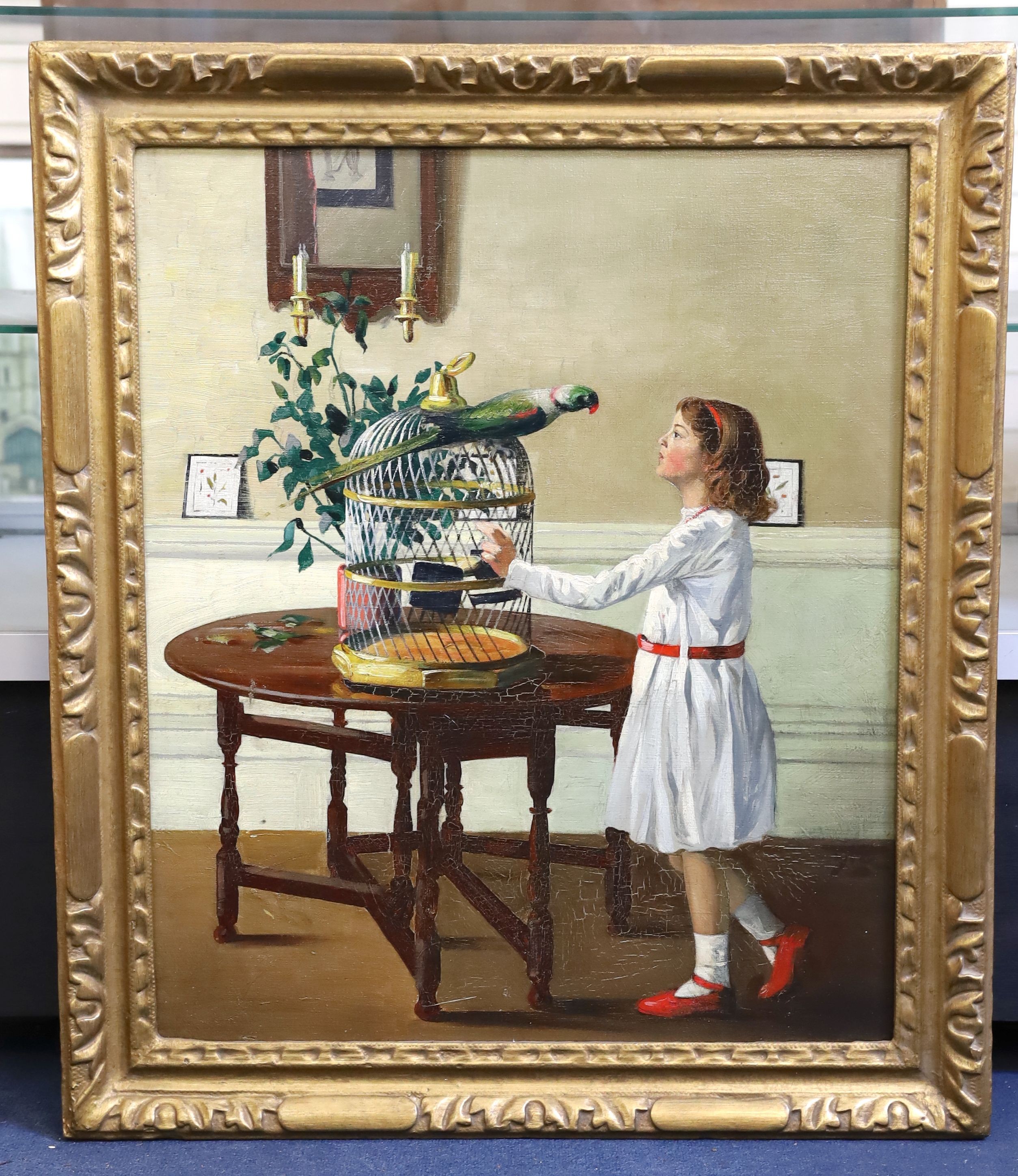 Modern British , Interior with girl and parakeet, oil on canvas, 73 x 61cm
